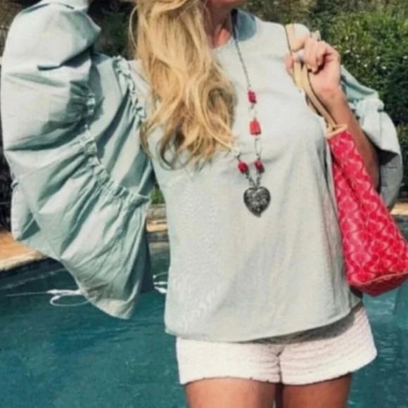 Women's DRA Blue White Stripes Long Sleeve bell Sleeves Blouse Shirt size xs - Picture 2 of 7